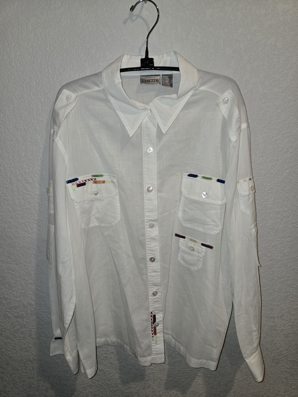 Chico's Women's Size 3 (XL/16) White Cotton Embroidered Utility Button Down Shir